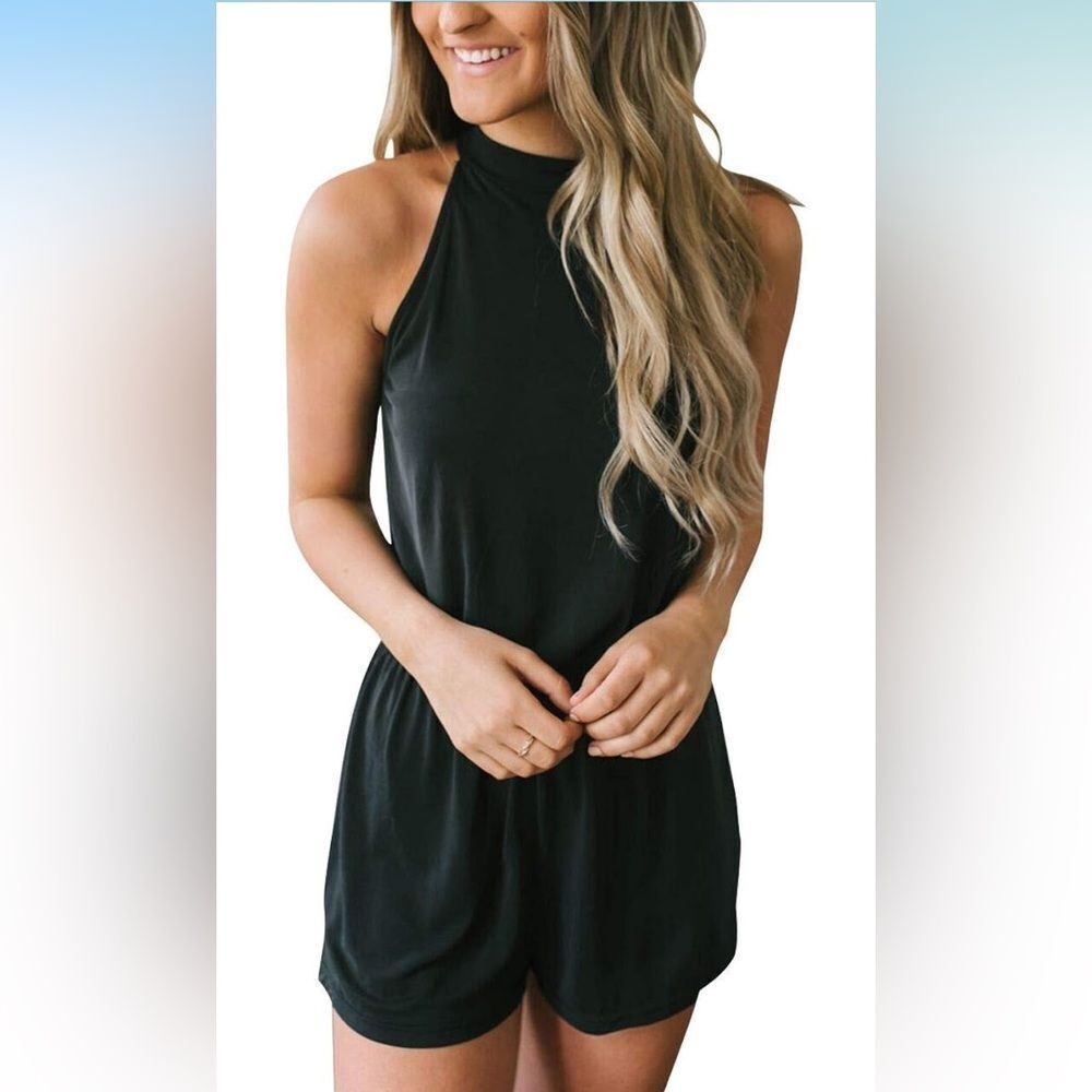 New MEROKEETY summer Halter Romper Elegant navy Sleeveless Jumpsuit